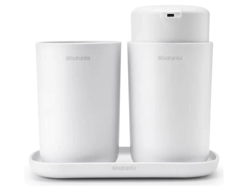 Brabantia Seifenspender-Set mit Zahnputzbecher und Schale Weiss 1 Brabantia Seifenspender-Set mit Zahnputzbecher und Schale Weiss