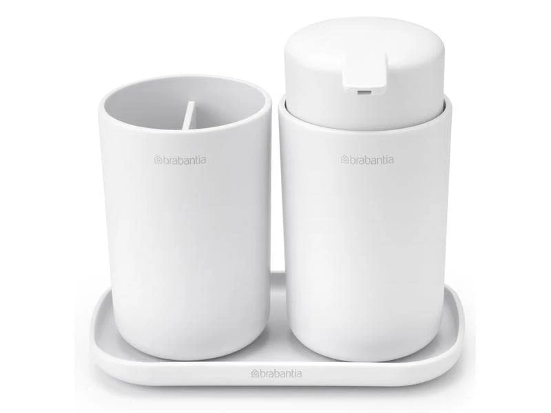 Brabantia Seifenspender-Set mit Zahnputzbecher und Schale Weiss 2 Brabantia Seifenspender-Set mit Zahnputzbecher und Schale Weiss – Bild 2